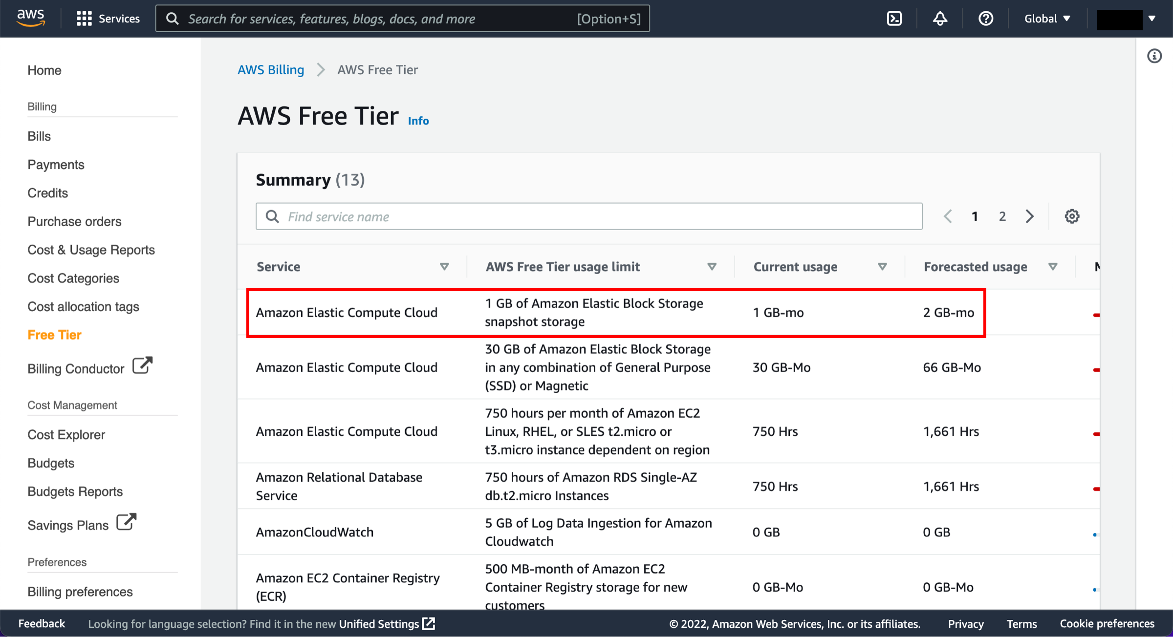 AWS Free Tier 页面，在摘要部分突出显示 EC2 的使用情况。